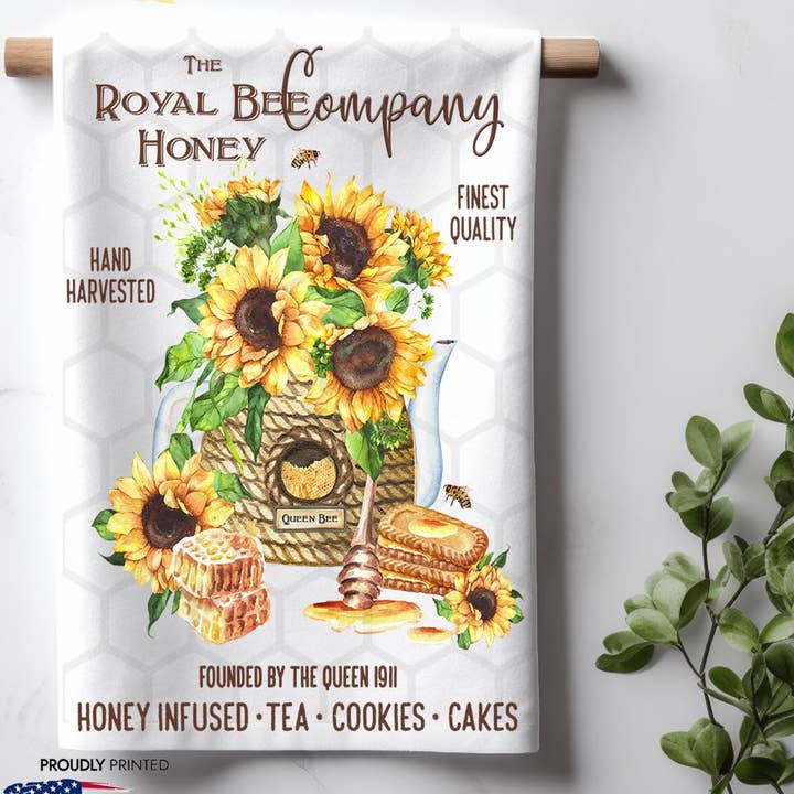 Royal Queen Bee Honey Sunflower Teapot Kitchen Dish Towel for wholesale by ADDLE iNK