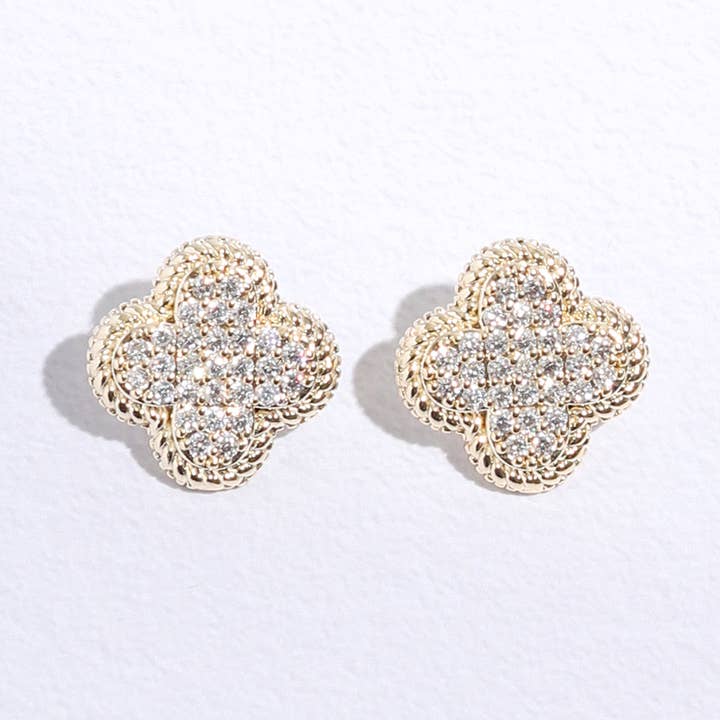 MULTI Gold Plated CZ Clover Two-Tone Post Earrings for wholesale on Faire