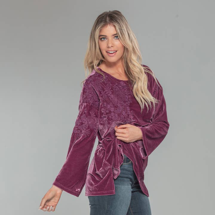Paparazzi By Biz - Wholesale Blouse - Women's - 1321-MAT Stretch Velvet Tonal Embroidered Shoulder Top