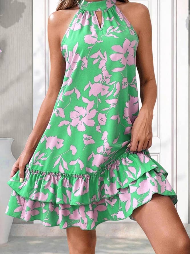 Spring Summer Green Halter Sleeveless Floral Dress ZK1110 for wholesale on Faire