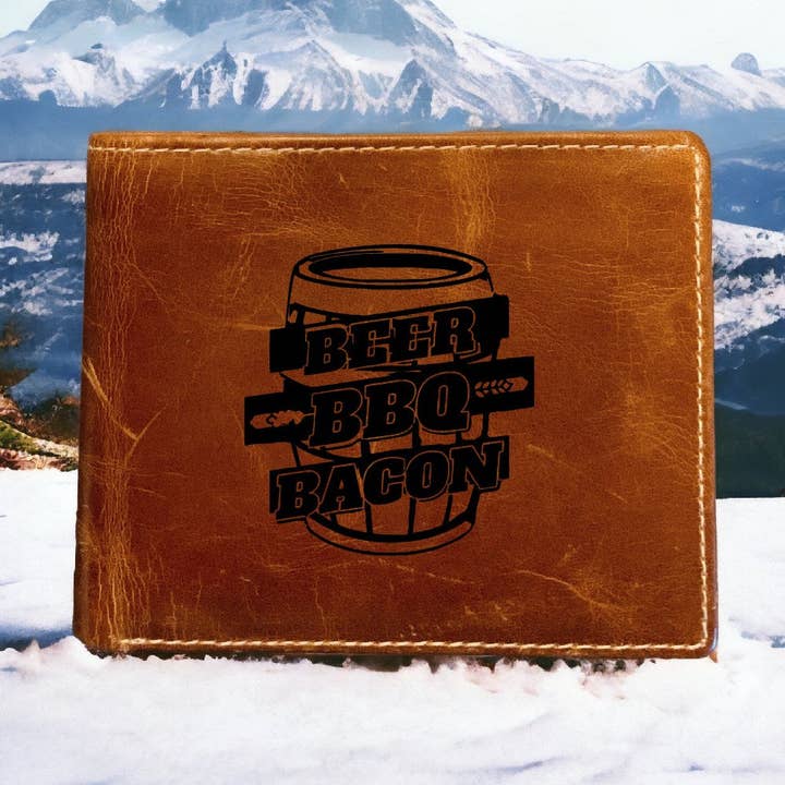 Premium Buffalo Leather Bifold Wallet with BBQ Theme for wholesale by Texan Customs