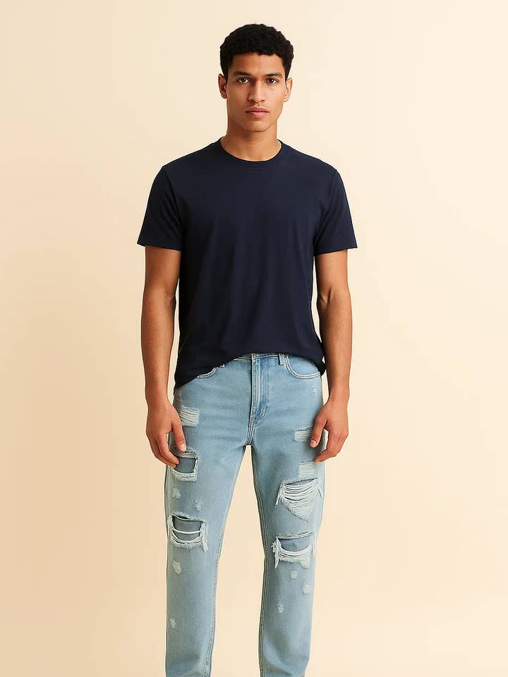 Calças de Homem Azul Claro Desgastadas Retas – Roupa Casual ZMBD05 por atacado de Zovater Incorporation