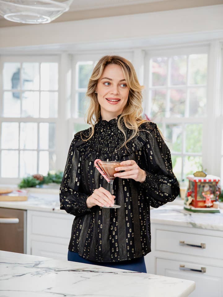 Schwarz-Gold Lurex-Top mit gesmoktem Kragen für den Großhandel von Sail to Sable