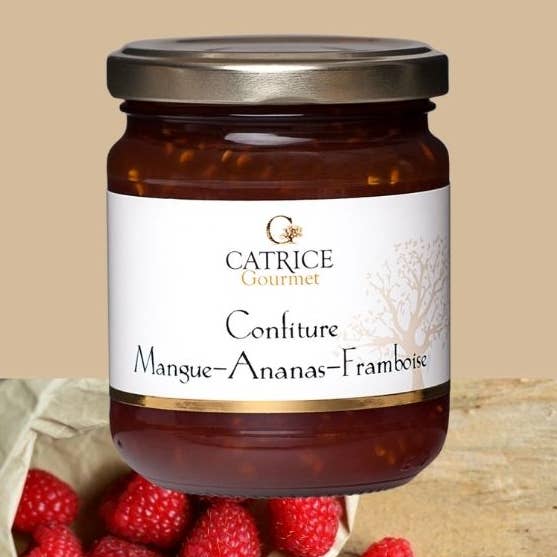 Confiture Mangue ananas framboise 250g pour la vente par CATRICE GOURMET