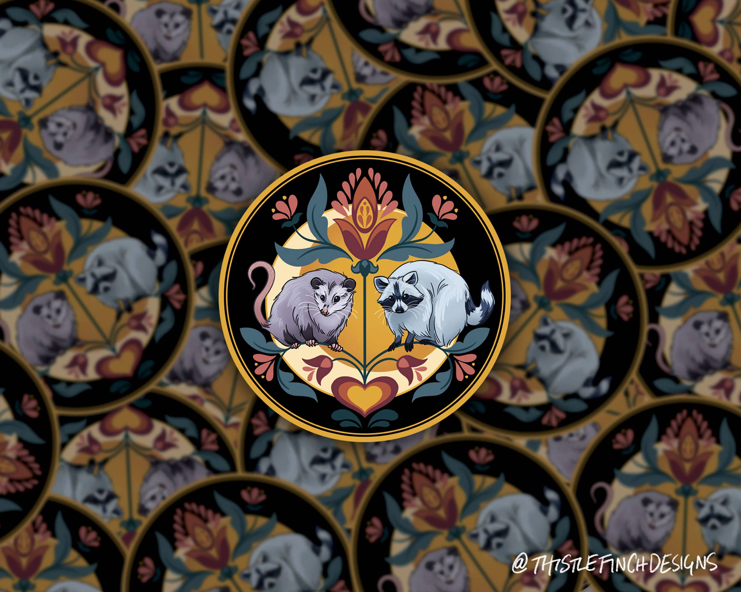 Thistle Finch Designs - Wholesale Sticker - Raccoon & Opossum Hex Sign PA Dutch Vinyl Sticker