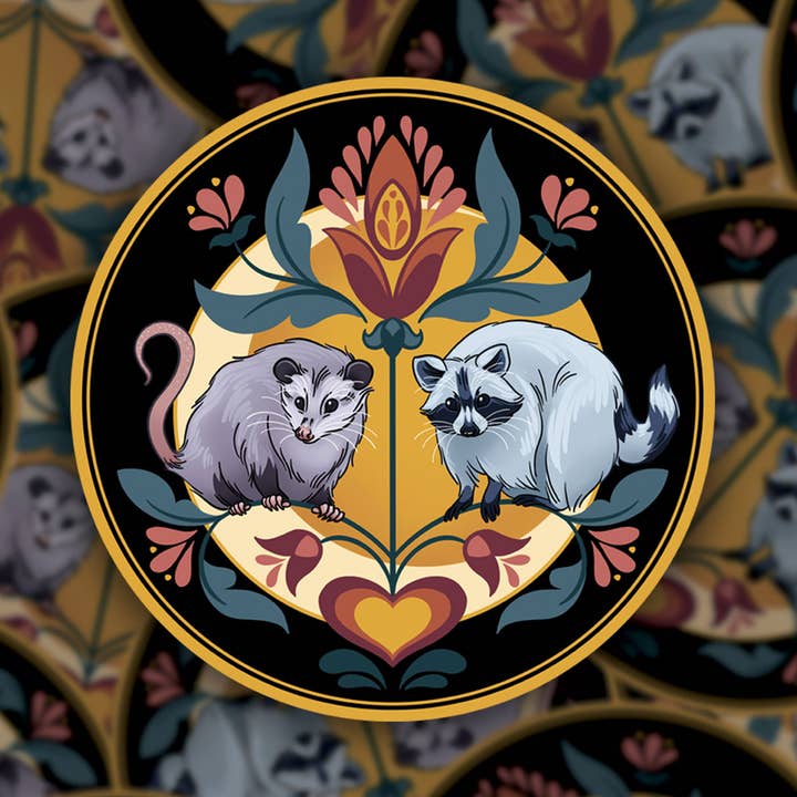 Raccoon & Opossum Hex Sign PA Dutch Vinyl Sticker for wholesale by Thistle Finch Designs