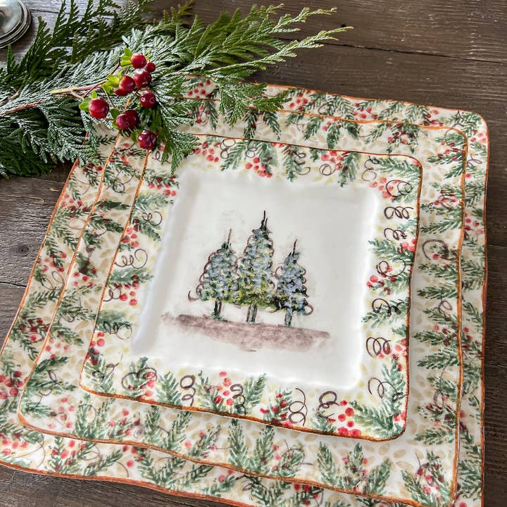 Arte Italica & Crown Linen Designs – Großhandel Essteller – Natale quadratischer Speiseteller mit Weihnachtsmotiv