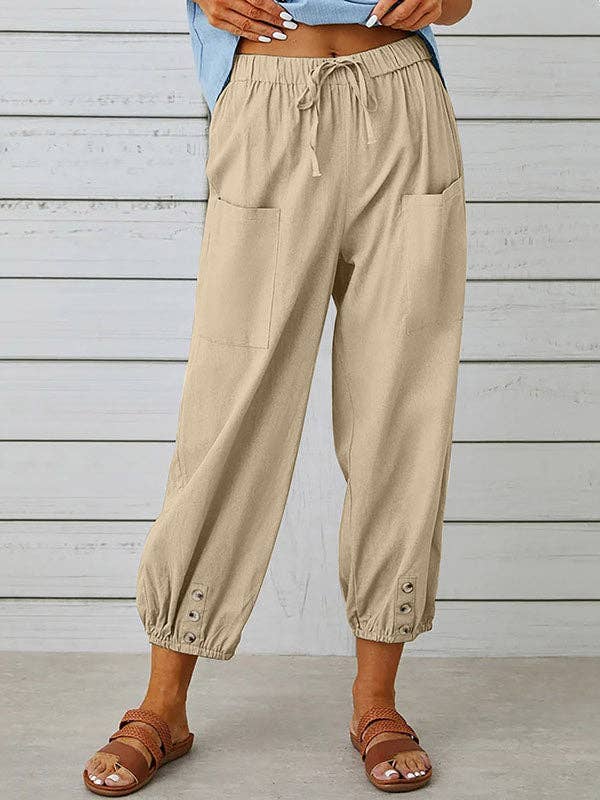 Plush Looks - Wholesale Pants - Women's - High Waisted Loose Buttoned Drawstring Elasticity Pockets Split-Joint Ninth Pants Trousers8