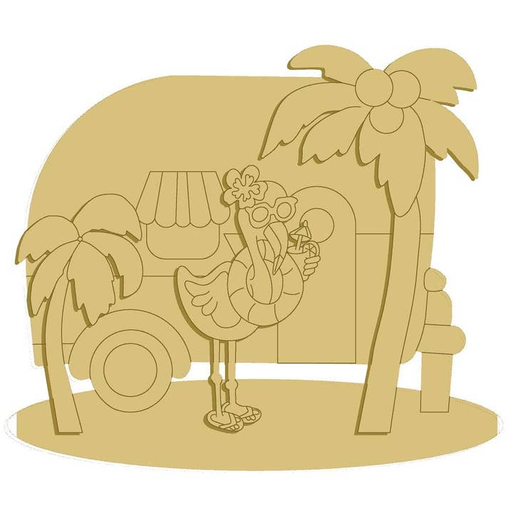 3D Flamingo Camper Unfinished Wood Cutout Style 1 for wholesale by Diverse Woodworking