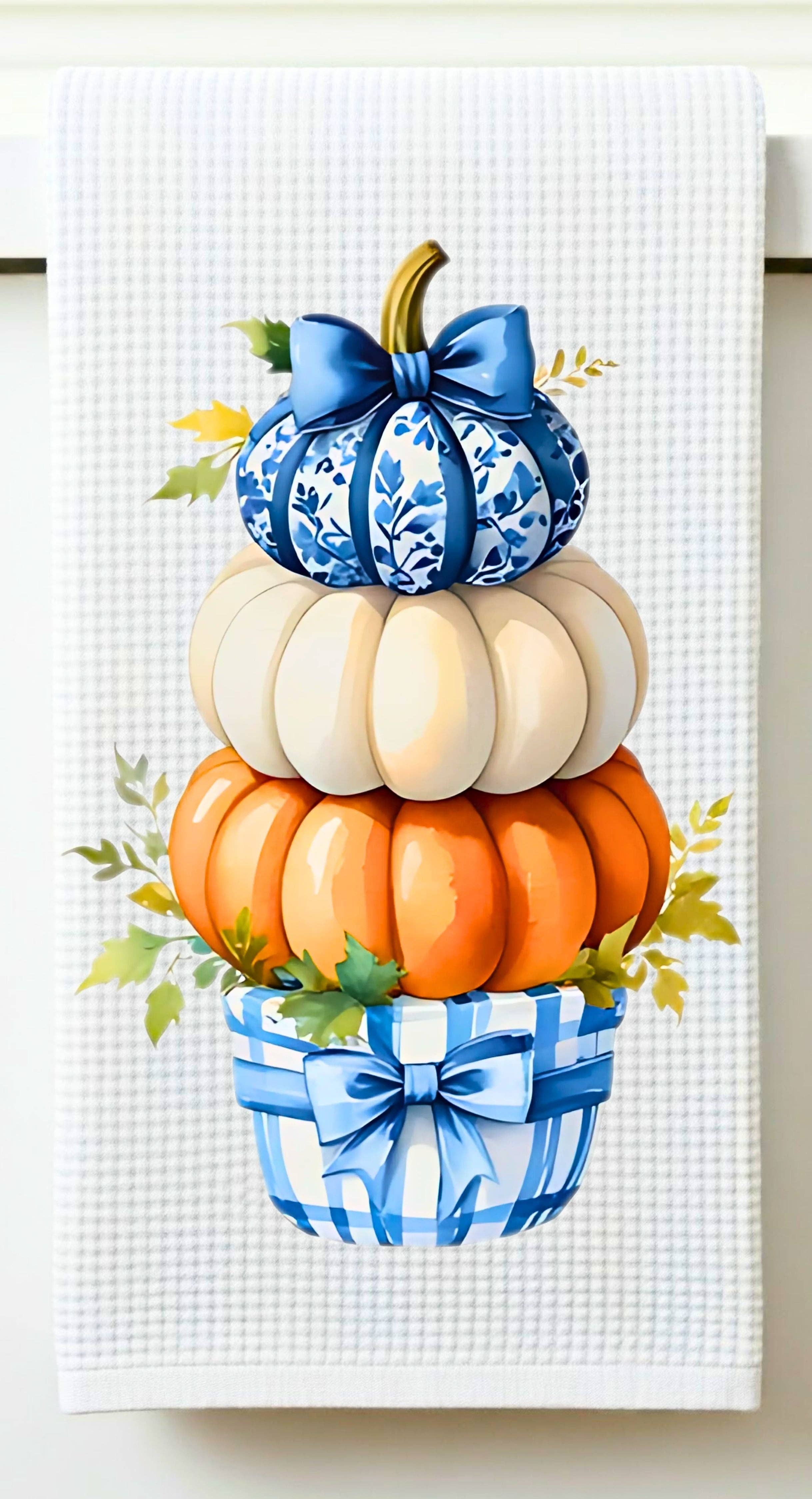 Cottage & Club - Venta al por mayor Paños de cocina - Paño de Cocina con Calabazas Apiladas Azul y Blanco1