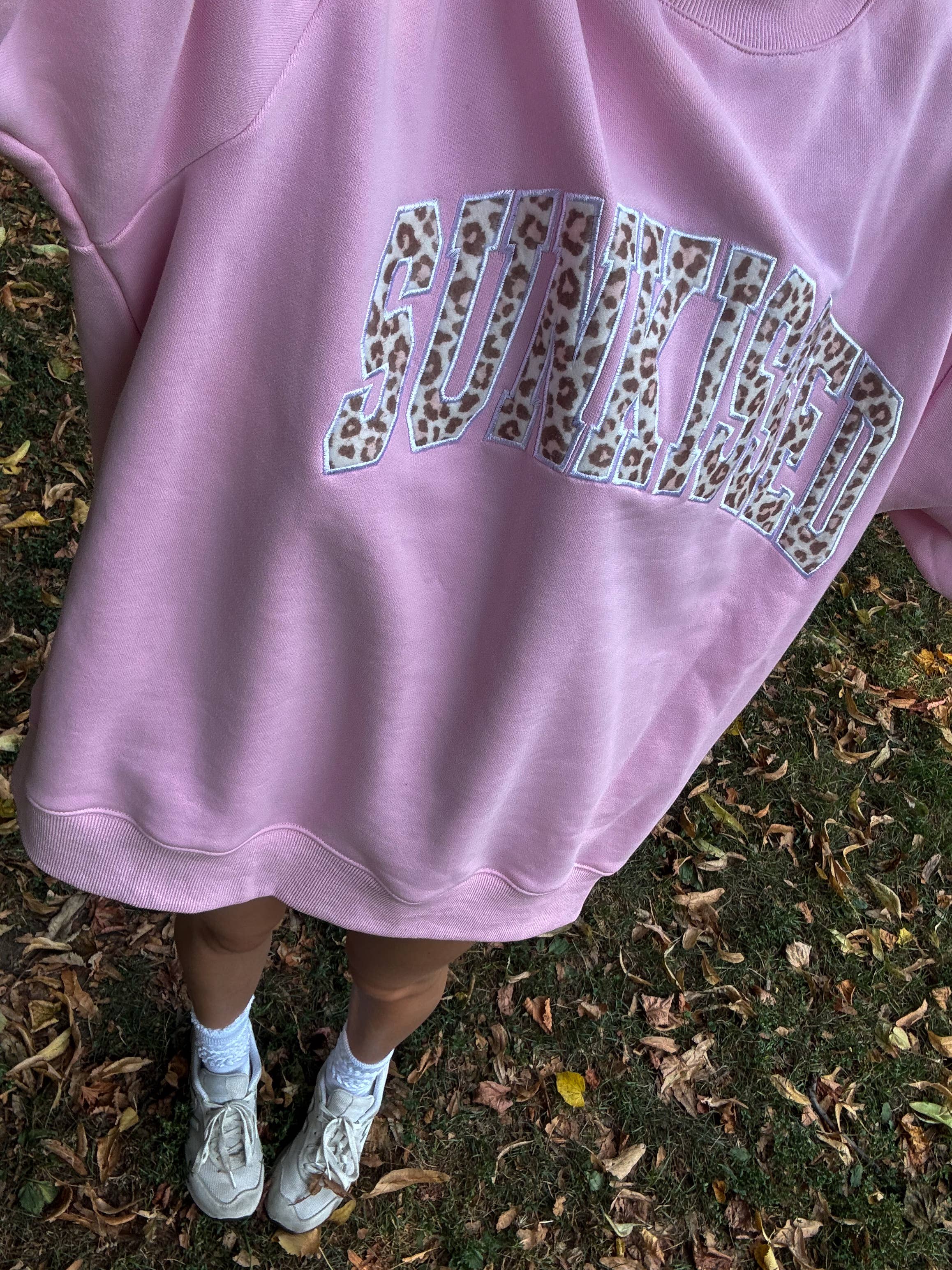 Bubblegum Pink Cheetah Print Varsity Sunkissed Embroidered Mockneck Sweatshirt 100% Cotton for wholesale on Faire10
