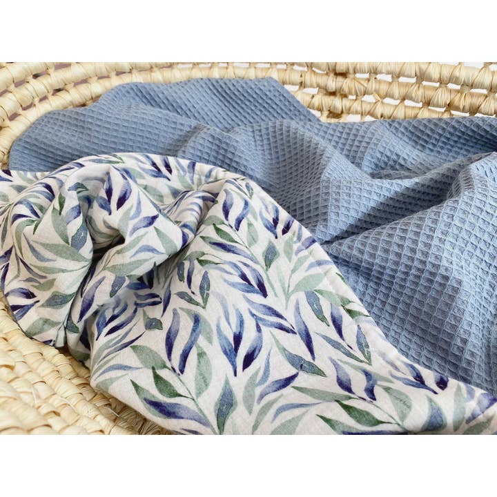 Baby waffle blanket - grey blue leaves for wholesale by Natural Cuddles