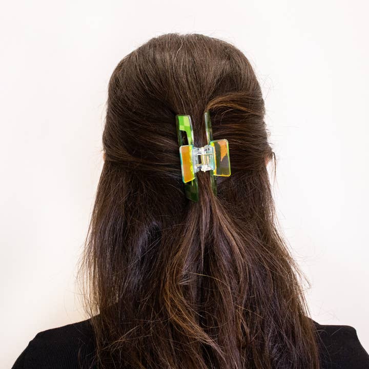 Frog Sac - Wholesale Hair Clip - Women's - Medium Square Iridescent Checkered Hair Claw Clip23