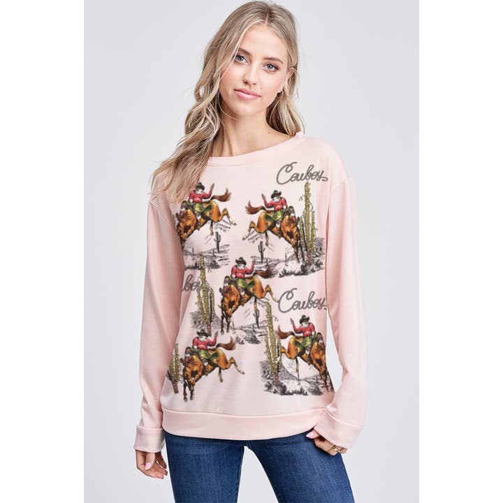 Phil Love - Wholesale Graphic Sweatshirt - Women's - Cowboy santa print french terry sweatshirt