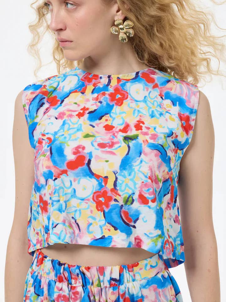 Sleeveless Back-Tie Crop Blouse – Vibrant Floral Watercolor for wholesale by SoulofMu