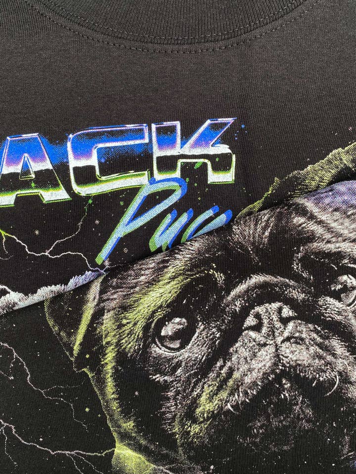 BabaTees - Wholesale Screen Printed T-Shirt - Unisex - Synthwave Black Pug Tshirt for Men & Women2