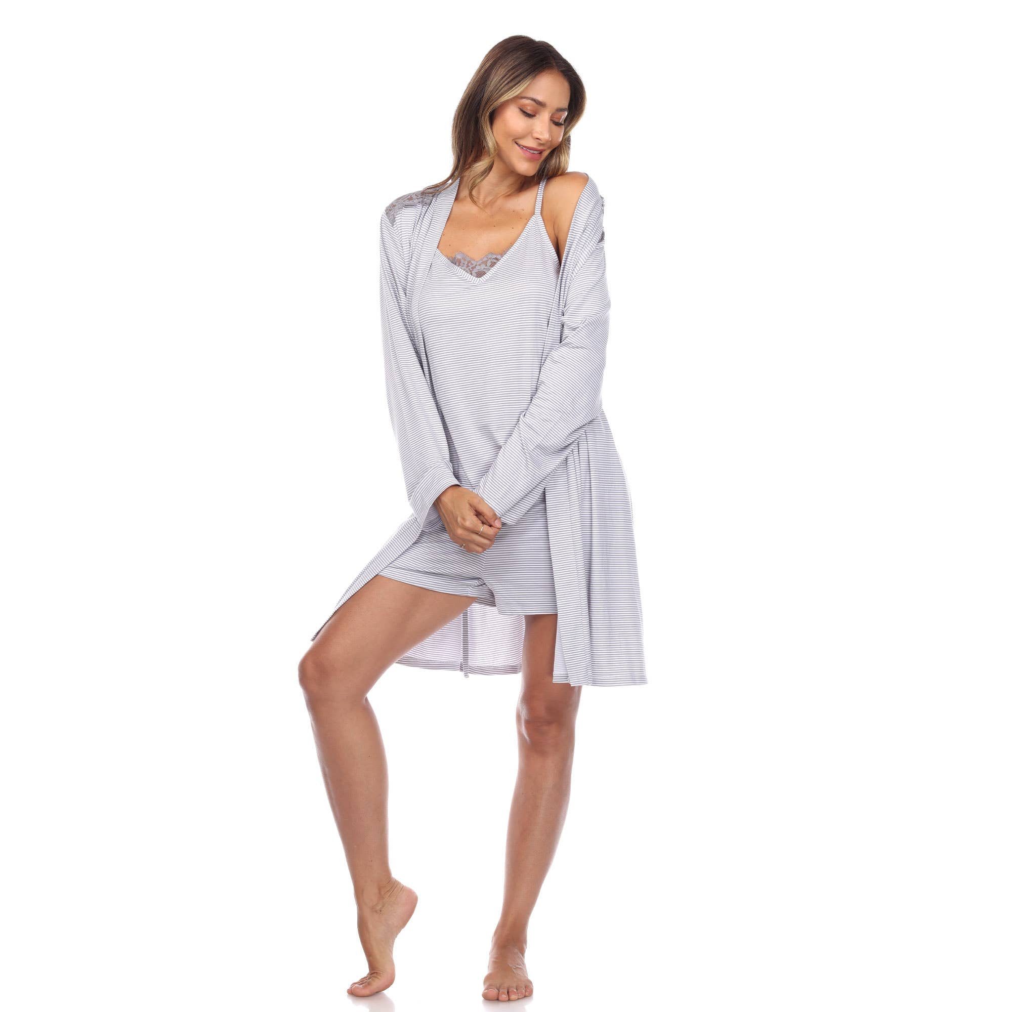WHITE MARK - Wholesale Sleepwear Set - Women's - Women's 3-Piece Striped Pajama & Robe Set8