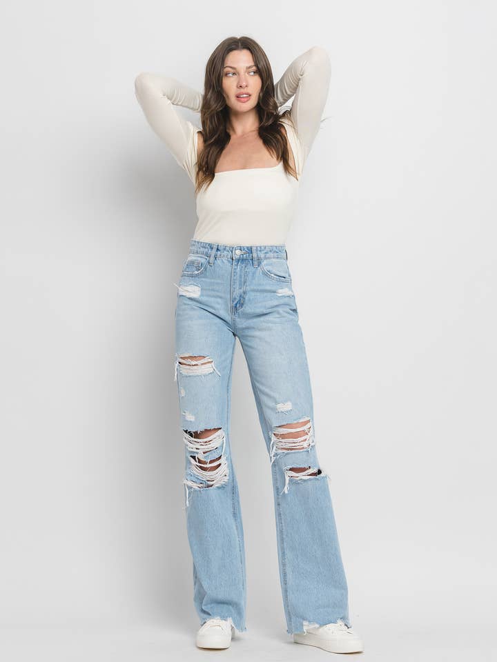 JEANS A ZAMPA D'ELEFANTE VINTAGE ANNI '90 A VITA ALTISSIMA CON EFFETTO USURATO BY4703R per la vendita all'ingrosso da parte di FLYING MONKEY