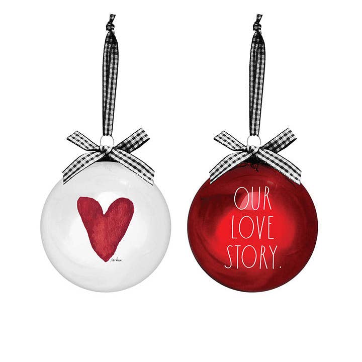 DesignStyles Home - Wholesale Ornament Set - Rae Dunn "Our Love Story" 100mm Glass Ornament Bauble Set (2 Pieces)