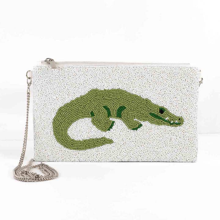Alligator Beaded Crossbody White/Green 10x6 for wholesale by The Royal Standard