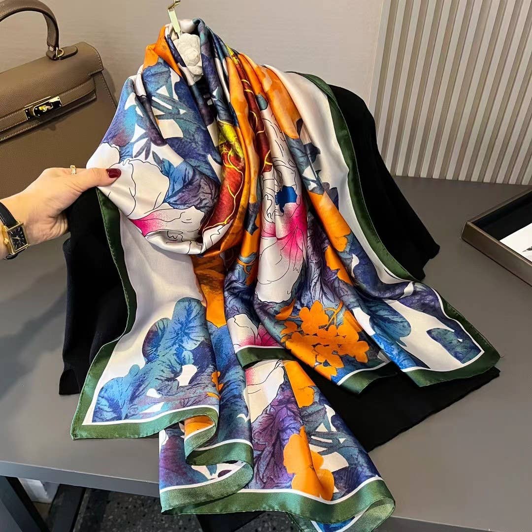 PEACH ACCESSORIES – wholesale Scarf – Women's – Painterly Floral Design Satin Scarf in Blue/Orange TT3382