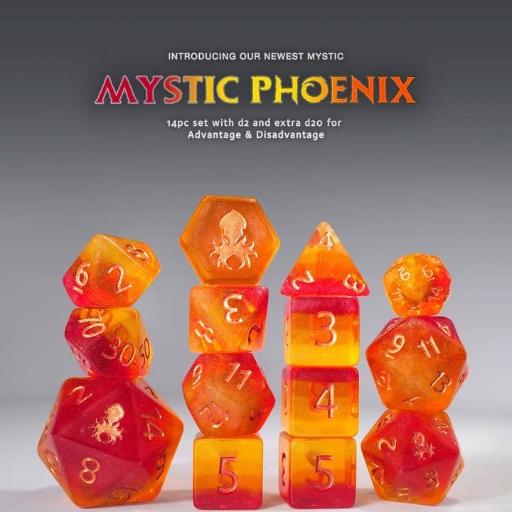 Mystic Phoenix 14pc - Limited Run - Copper Ink Dice Set for wholesale by Kraken Dice