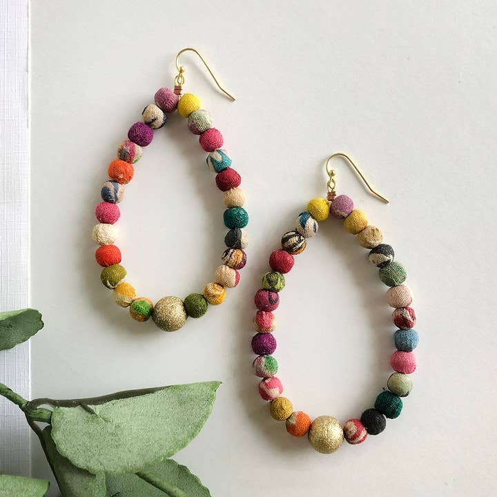 Kantha Luna Drop Hoops for wholesale by WorldFinds