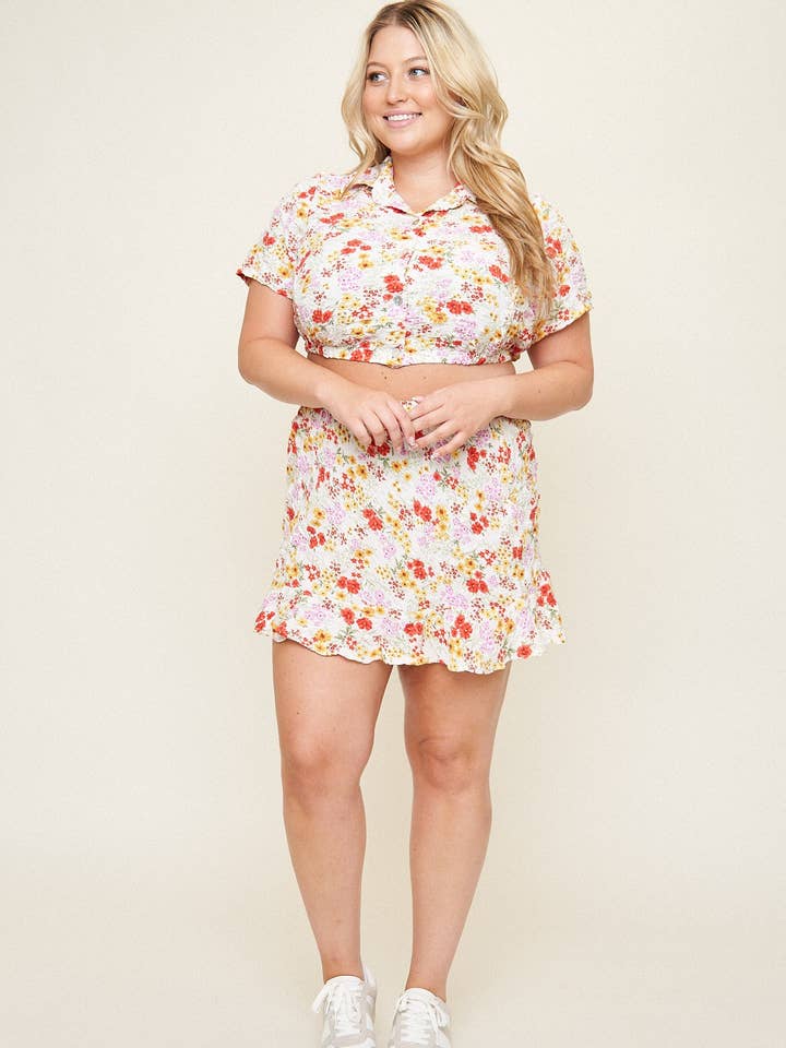 What Lo Wants - Wholesale Skirt - Women's - "Rachel” Flutter Hem Mini Skirt in White Ditzy Puff