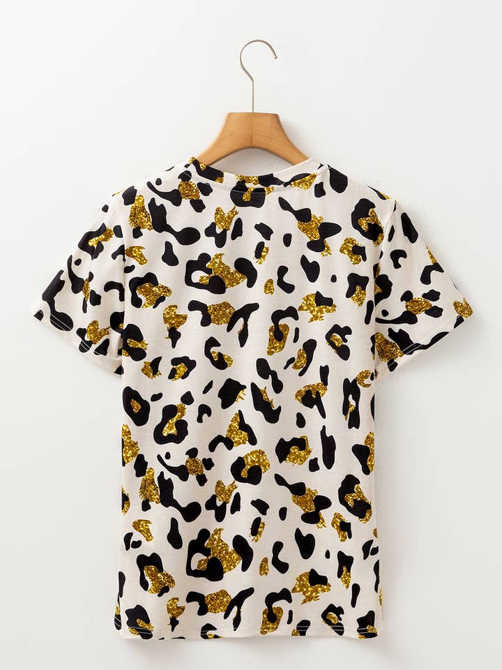 Apricot Leopard Print Round Neck Casual T Shirt for wholesale on Faire