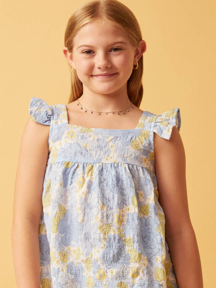 Flickor Texturerad Blommig Knapp Tillbaka Ruffle Tank för wholesale av Hayden LA