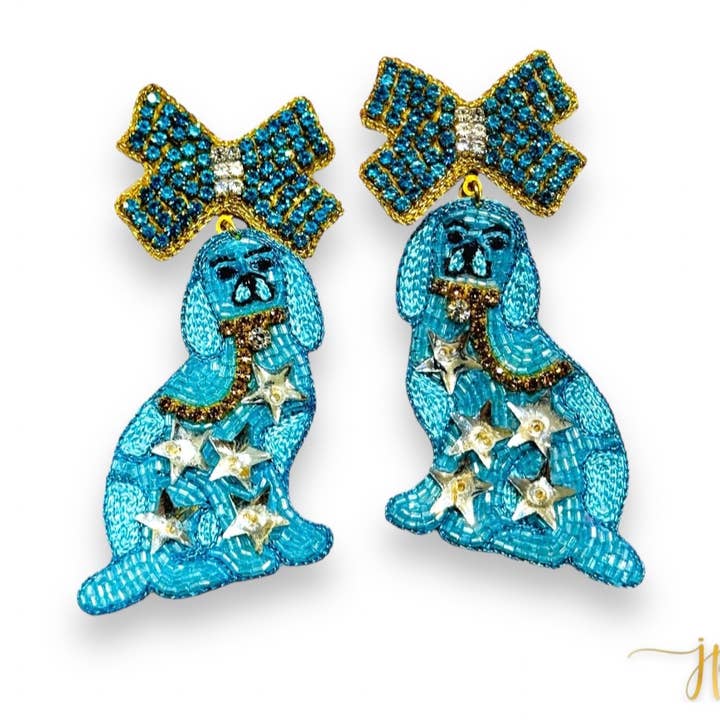 Blue Staffordshire Star Dog Beaded Rhinestone Earrings for wholesale by Jenny Patrick Designs ™
