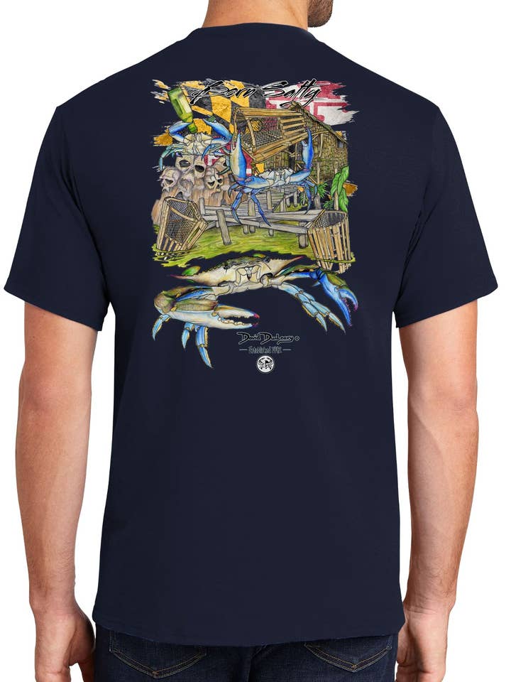 Men's Born Salty Maryland Blue Crab Short Sleeve Navy Cotton T-Shirt for wholesale by David Dunleavy