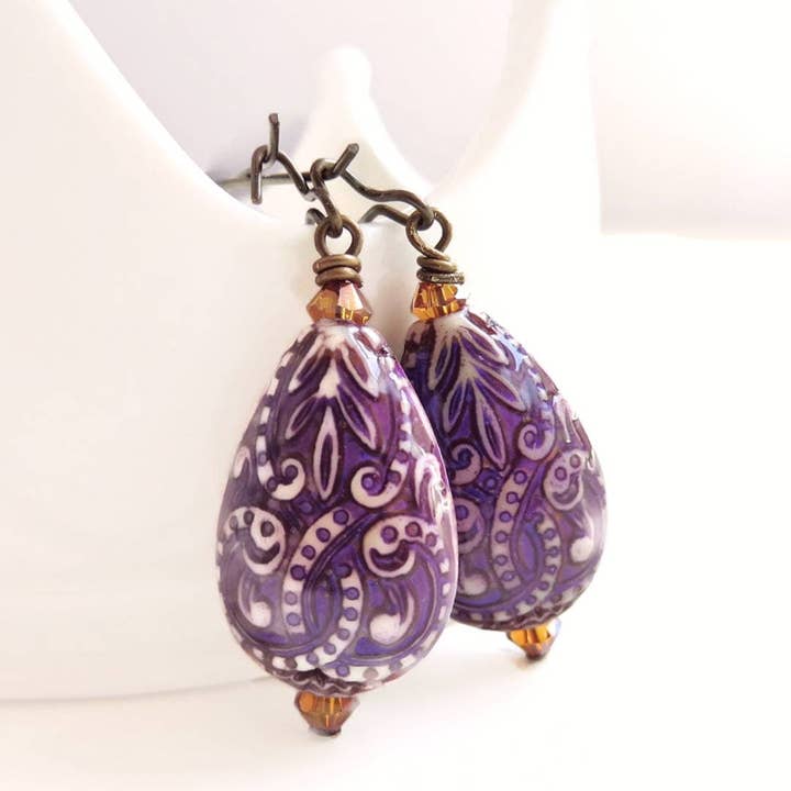 Purple Paisley Mood Bead Drop Earrings - Bohemian Style for wholesale by The green antique trunk