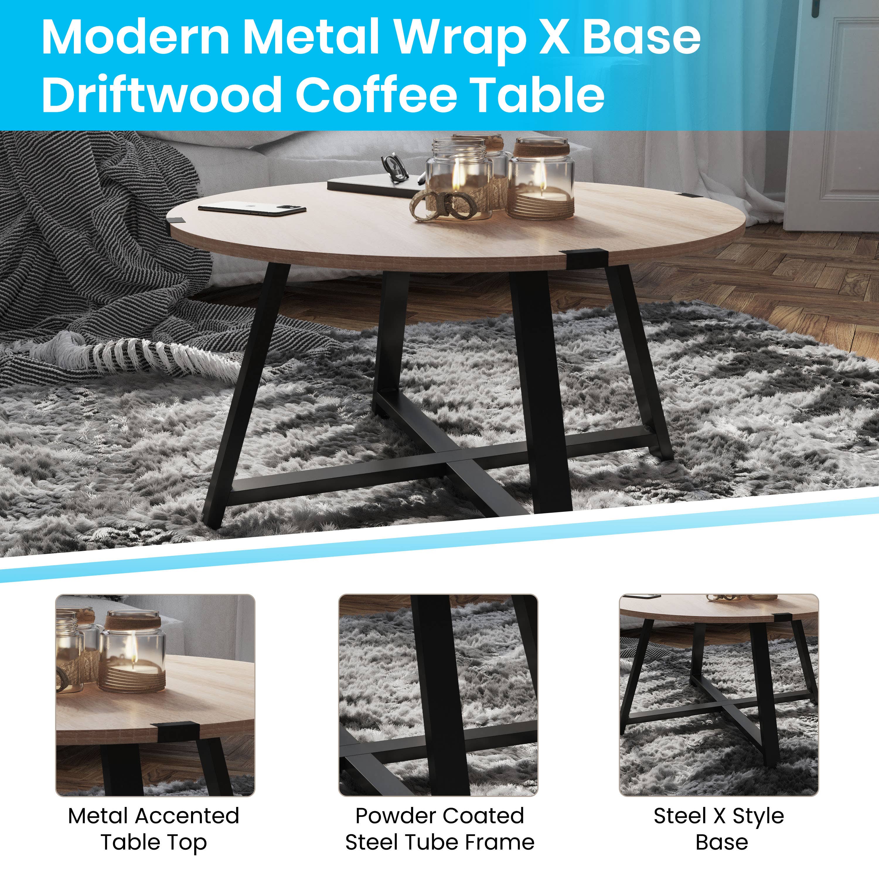 Bois flotté Table basse en bois flotté avec base en croix en acier en vente sur Faire3