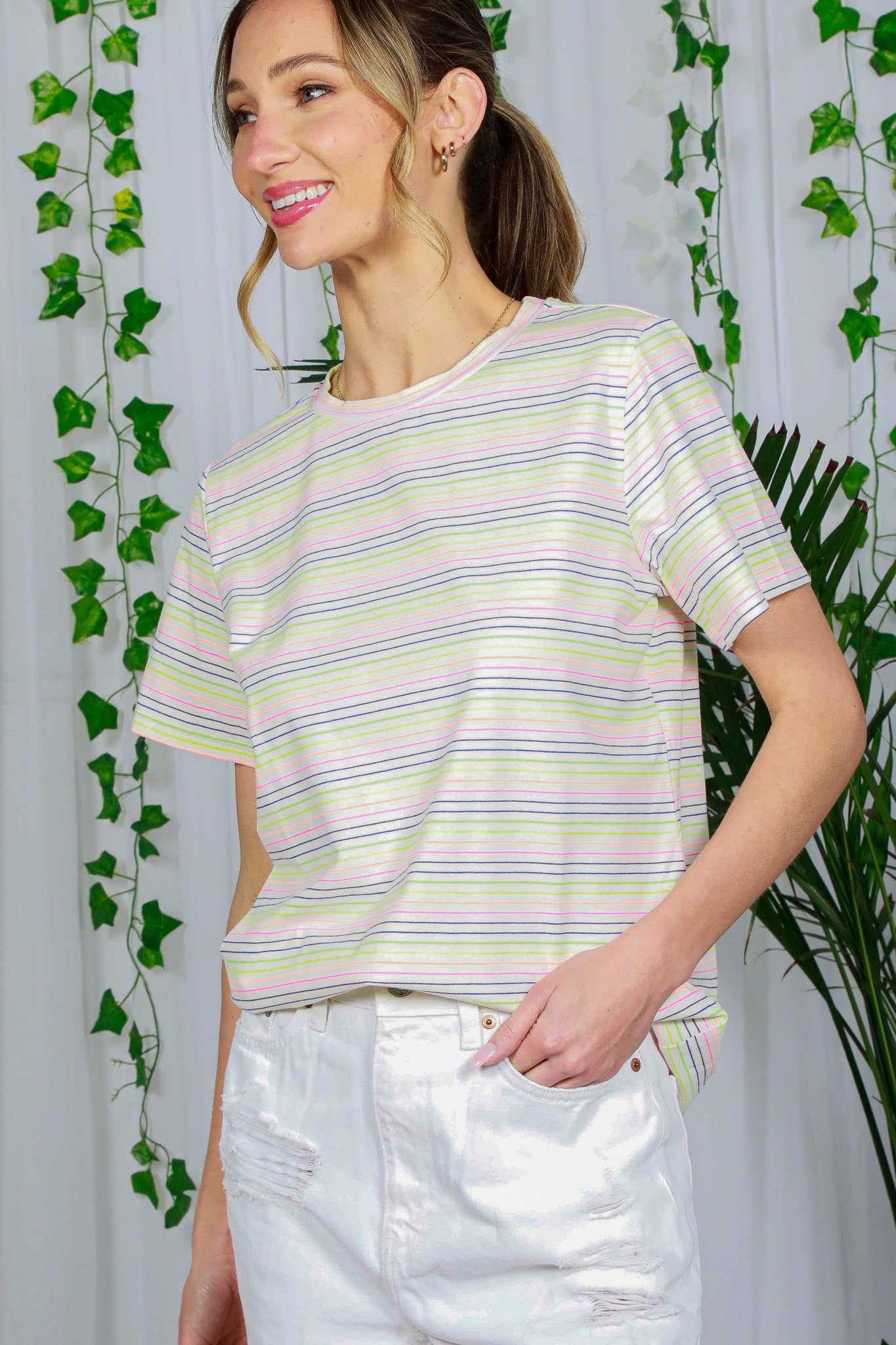 Vine & Love - Wholesale T-Shirt - Women's - Crew Neck Short-Sleeve Multi Striped Cotton Top VT81439A6