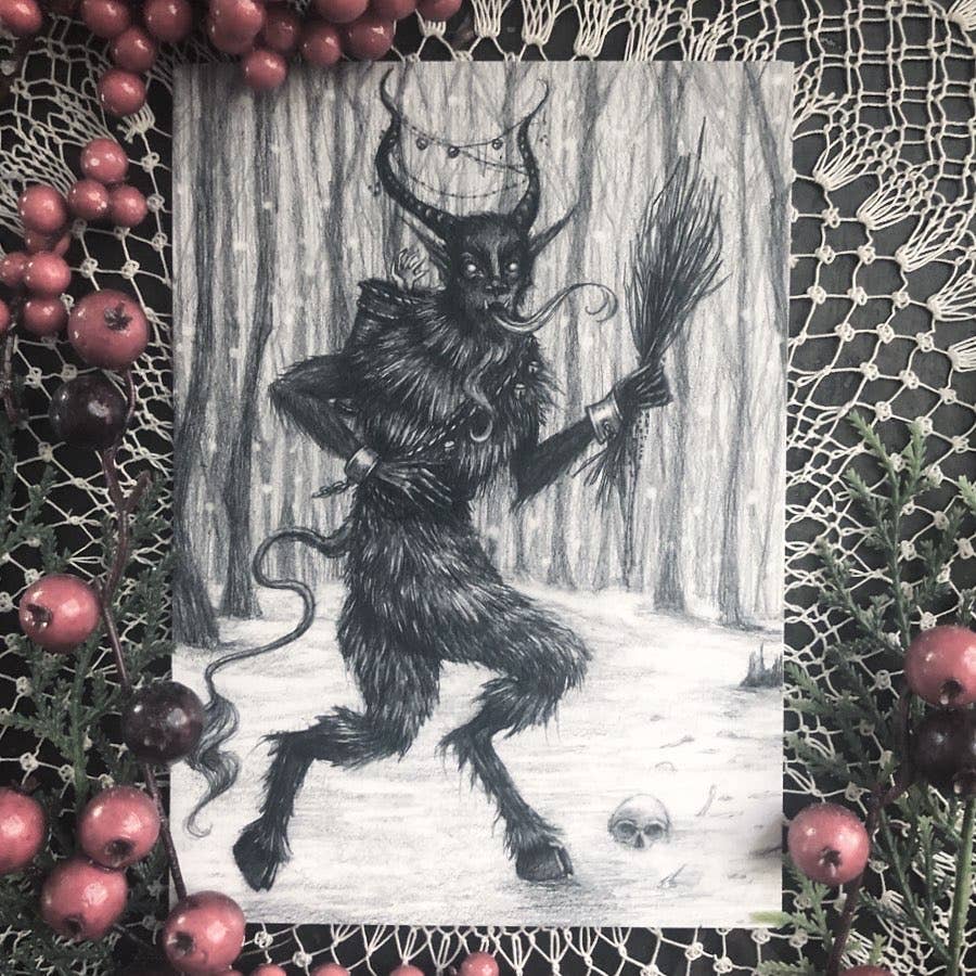 Caitlin McCarthy Art - Wholesale Season's Greetings Card - Greetings from Krampus - 10 Double Sided Holiday Cards2