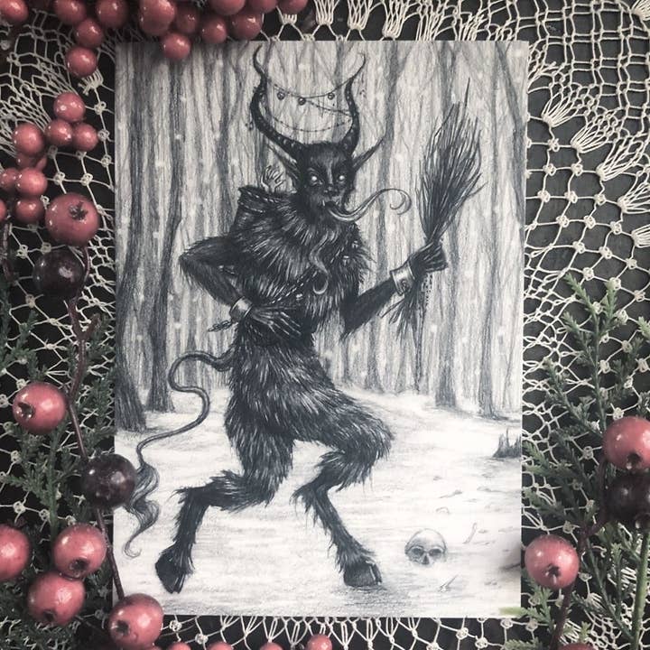 Caitlin McCarthy Art - Wholesale Season's Greetings Card - Greetings from Krampus - 10 Double Sided Holiday Cards2