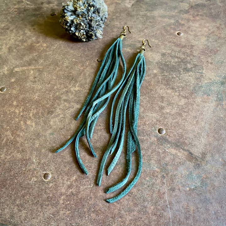 ASTALI - Wholesale Tassel Earrings - Leather Tassel Earrings - Hunter Green, Long Boho Western