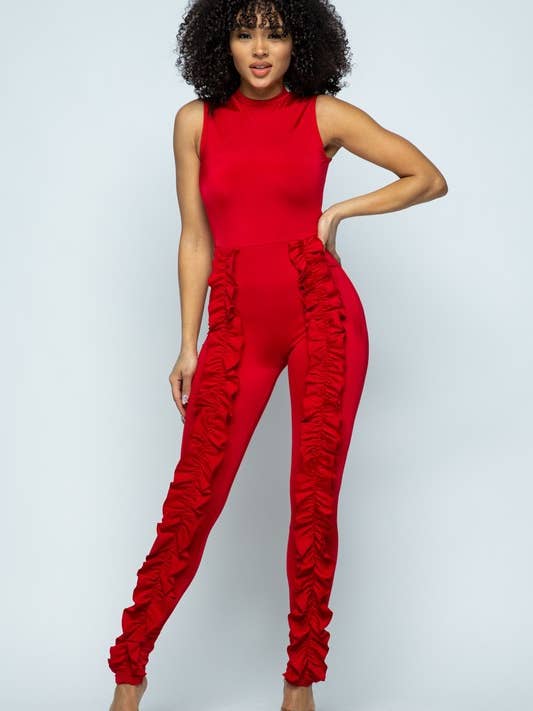 Zwaar gebreide mouwloze jumpsuit met ruches en punt voor wholesale door Belita Collection