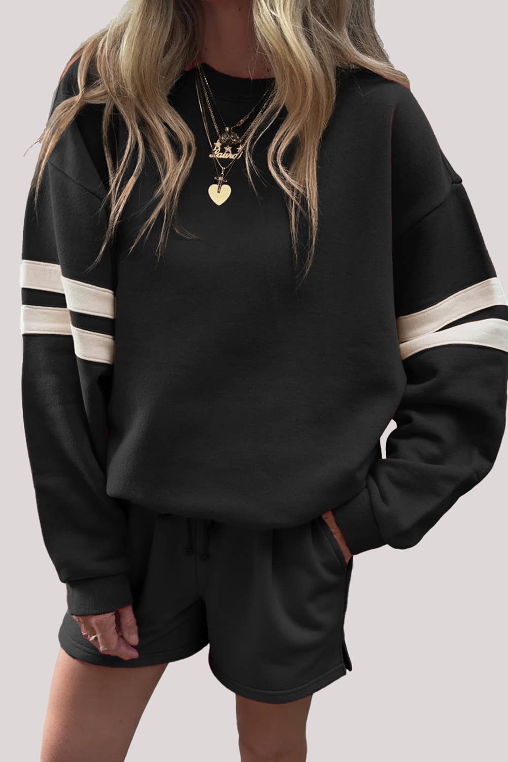 Babs + Birdie – wholesale Lounge set – Women's – Varsity Striped Sleeve Drop Shoulder Sweatshirt Short Set4