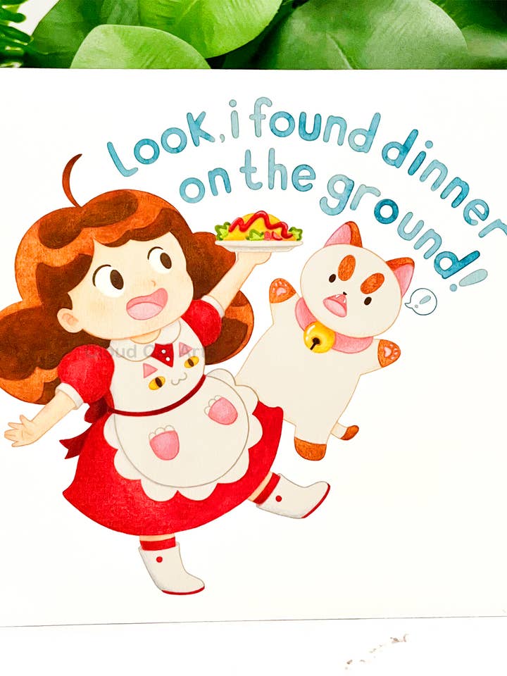 Dinner On The Ground - Bee & Puppy Cat - 5x7/8x10 Art Print - Handmade for wholesale by Cloud Cat Arts