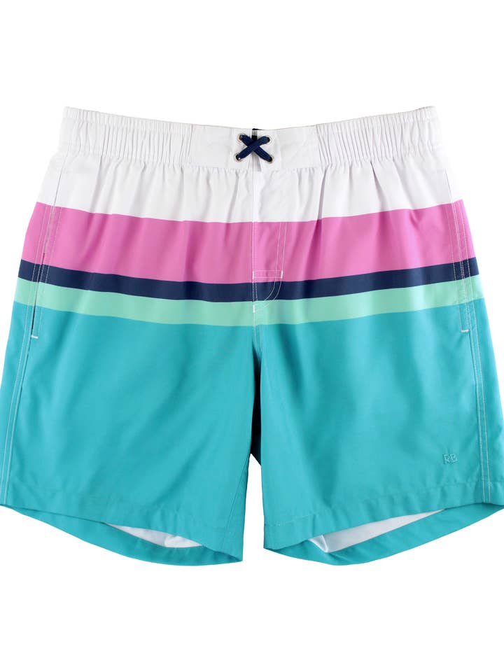 Men's Aqua Color Block Swim Trunks
for wholesale by RuffleButts + RuggedButts