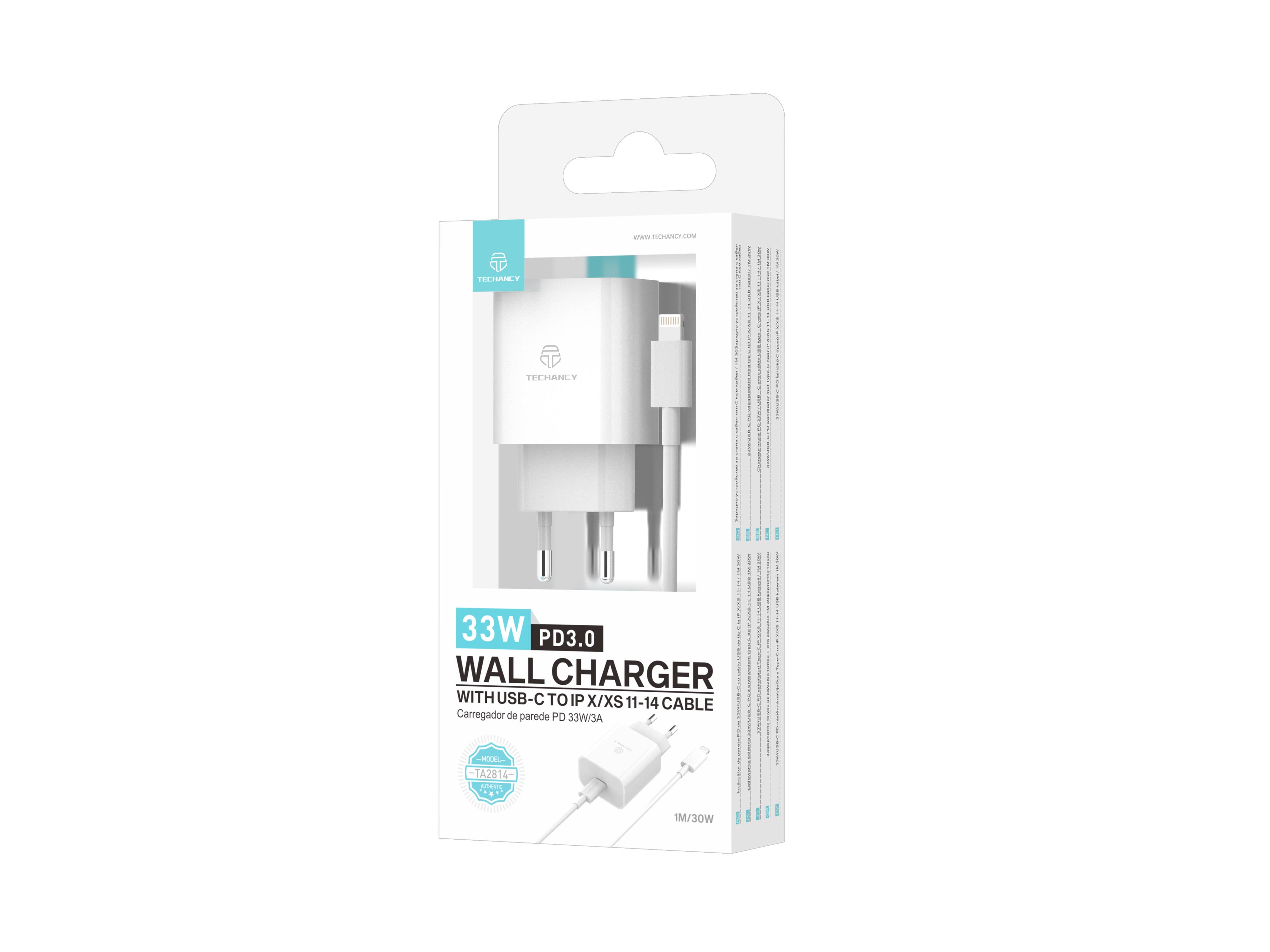 TECHANCY - Wholesale Power Adapter - 33W PD3.0 USB-C Fast Wall Charger with Type-C to Lightning 3