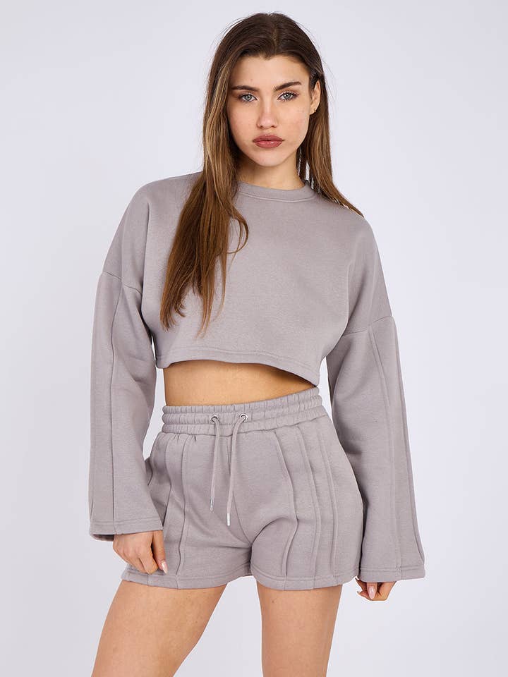AX Labels - Wholesale Lounge Set - Women's - Seam Detail Oversized Crop Top & Shorts Fleece Co-ord46