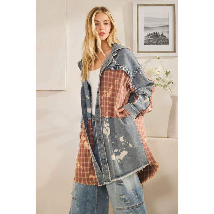 WASHED BLEACHED DENIM PLAID BUTTON FRONT SHACKET for wholesale by Oli&Hali