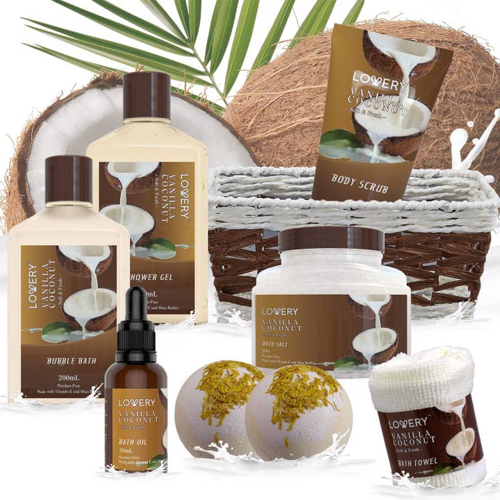 Lovery – wholesale Bath & body set – Bath and Body Gift Basket, Vanilla Coconut Home Spa Set, 9PC