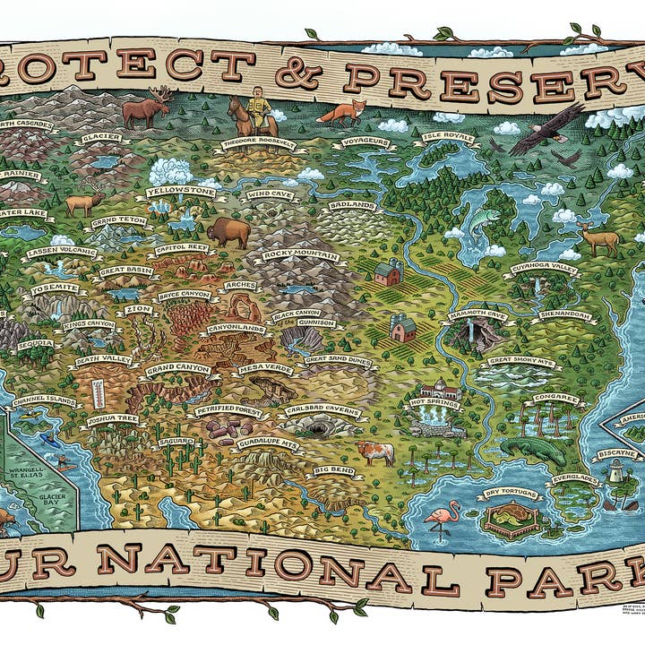 Carte des parcs nationaux pour la vente par Mario Zucca Illustration