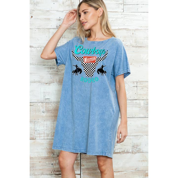 Cowboy Rodeo Mineral tvättad klänning för wholesale av Amused by Blue
