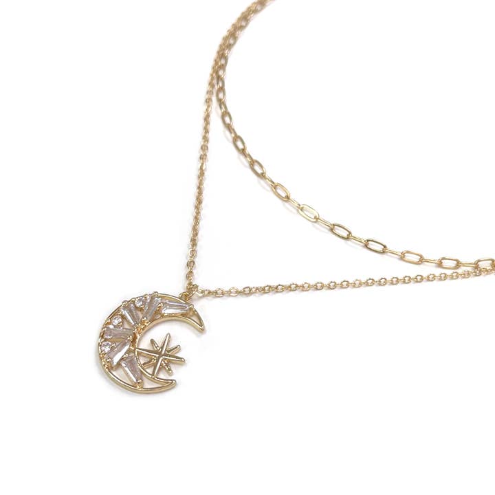 Cubic Zirconia Crescent Moon pendant Two row Necklace for wholesale by StarryNYC