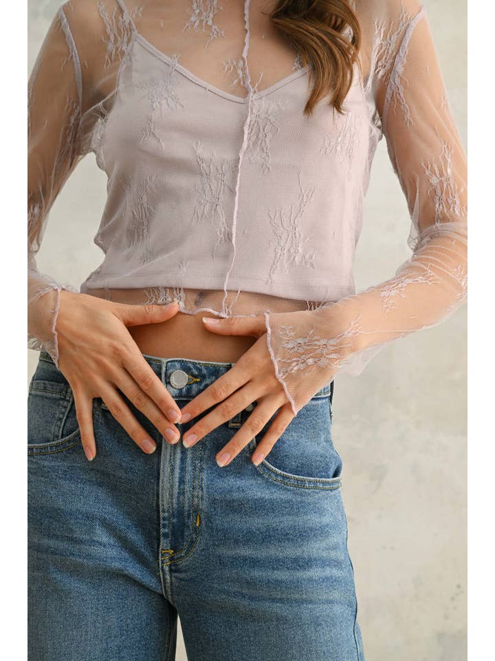 MIOU MUSE - Wholesale Knit Top - Women's - T2945 LONG SLEEVE LACE FABRIC WITH LINING INSERT TOP4